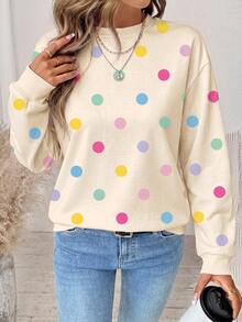 SHEIN LUNE 女款俏皮可愛彩色波點圖案運動衫，優雅休閒時尚，適合秋冬穿著 - 白色 - 查看 6
