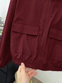 SHEIN 青少年女孩編織純色貼袋短版寬鬆休閒連帽外套，秋冬款，度假風 - 酒紅色 - 查看 3