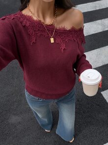 Siren Gaze Women's New Autumn Asymmetrical Shoulder Lace Patchwork Sweater - Burgundy - View 4