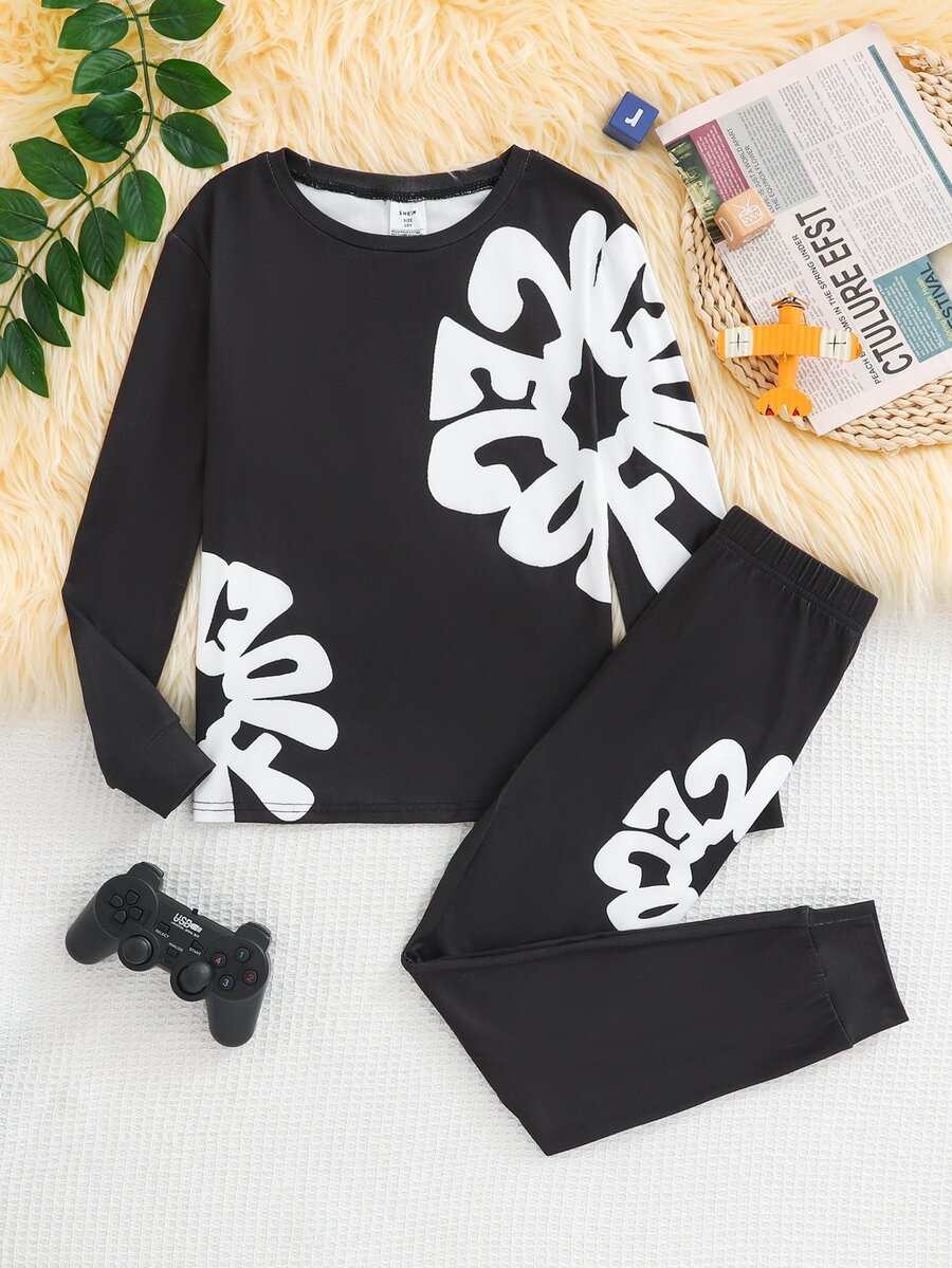 SHEIN 青少年幾何花卉圖案圓領長袖修身舒適休閒居家睡衣套裝 2件組 - 藍色 - 查看 1
