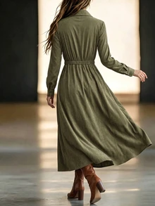 SHEIN Holidaya Women's Button-Up Ruched Waist Pleated Vacation Dress, Autumn/Winter - Army Green - View 2