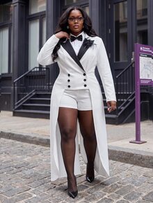Slaydiva Plus Size 2 Pieces Suit, Black Lapel Long Tail Tuxedo Blazer & Matching Shorts Formal Set - White - View 4