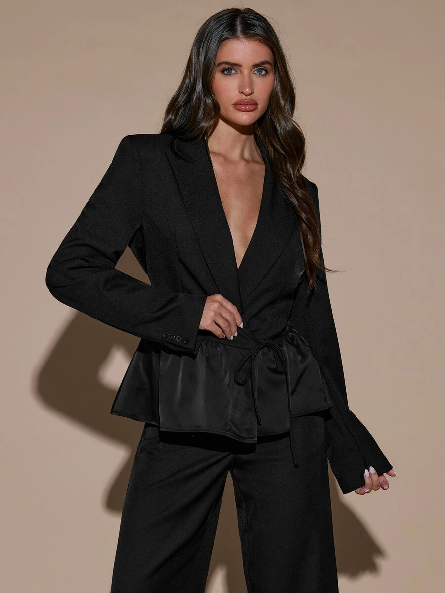 SHEIN BAE Women's Autumn/Winter Black Patchwork Ruffle Hem Long Sleeve Blazer, Suitable For Social Gatherings, Daily Outings, Commuting And Office Wear - Black - View 1