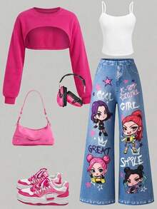 SHEIN 青少年女孩針織純色連帽短版上衣 + 吊帶背心 + 寬鬆休閒長褲 3件套 - 玫紅色 - 查看 2
