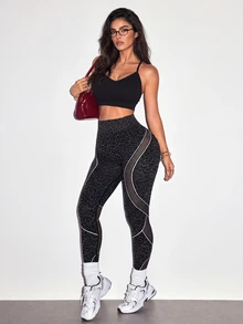 Slayform 1pc Regular Waist/Hip Lift/Leopard Print/Hollow Out/Contrast Color Design/Basic Style/Sports Leggings+Fitness/Yoga - Multicolor - View 7