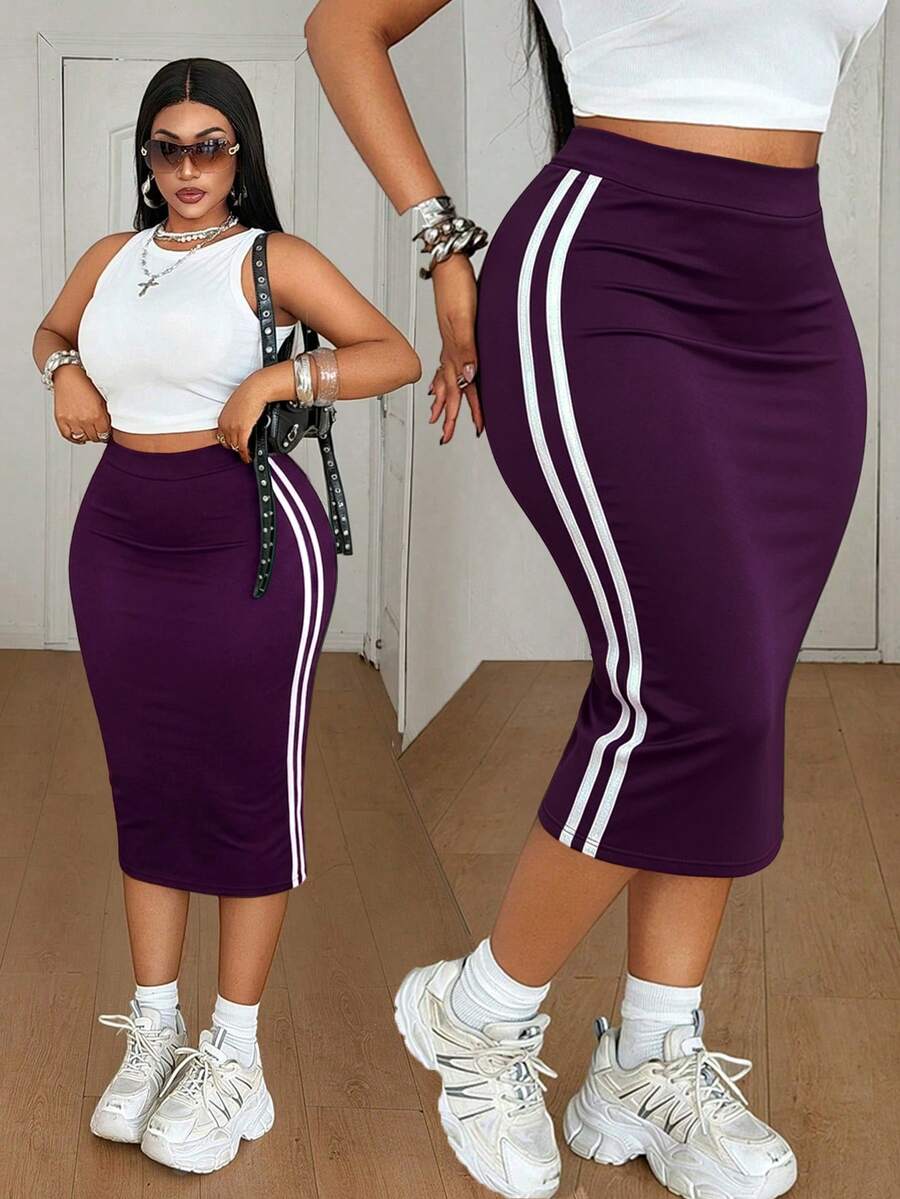 Mawevolt Damen Große Größen Lässig Reines Schwarz Gestrickter Hoch-Elastischer Stoff Seiten Kontrastfarbe Band Design Enger Bodycon Rock Vielseitiger Schwarzer Rock Große Größen Lässiges Outfit Damen Große Größen Neuer Stil Party Zusammenkunft Nacht Date Modeartikel Vielseitiger Rock - Violett - Übersicht 1