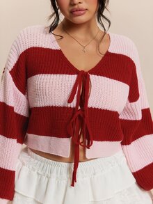 CovetEZ Autumn/Winter Christmas Red & Pink Contrast Bowknot Casual Plus Size Cardigan For Girls - Multicolor - View 5