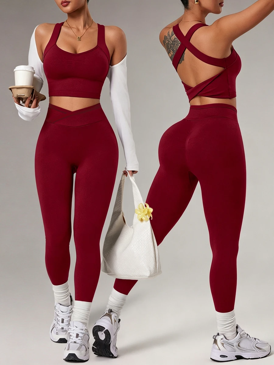 Dewbera Dewbera 1 Set, Burgundy Color-Matched Trim Seamless Sports Set, Sleeveless Backless, Soft Comfortable Fit, Suitable For Workout, Running, Casual, Yoga - Burgundy - View 1