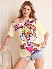 LOONEY TUNES X SHEIN 女款字母卡通印花不對稱肩休閒日常短袖T恤 - 黃色 - 查看 5