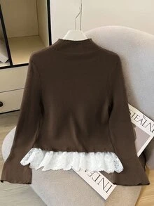 GlowEve CURVE Plus Size Women's Lace Patchwork Casual Daily Cardigan - Coffee Brown - View 3