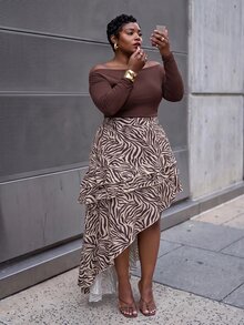 Slaydiva Sexy Elegant Date Zebra Print Multi-Layer Ruffle Asymmetrical Skirt Plus Size - Brown - View 4