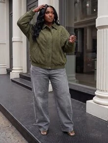 Slaydiva جاكيت نسائي مقاس كبير، معطف بومبر قصير من الجلد الصناعي باللون الزيتوني مع جيوب كارغو وسحاب - أخضر - مشاهدة 11