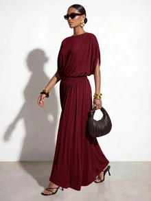 Zivah Gaun Panjang Elegan Wanita Warna Polos Leher Bulat Model Sayap Kelelawar Lengan Pendek - Burgundy - View 7