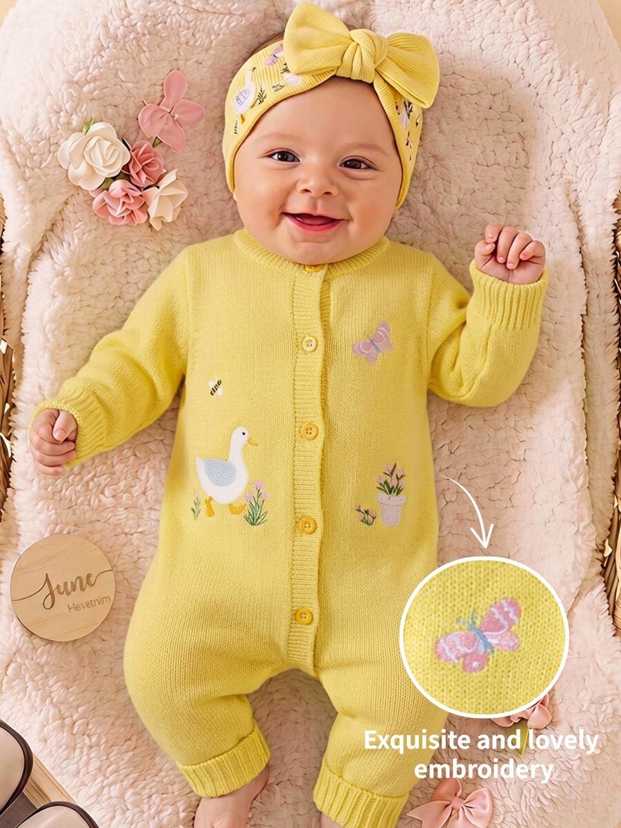 LMoss Kids 女嬰秋冬可愛針織卡通圖案連身褲長褲套裝爬行服 - 黃色 - 查看 1