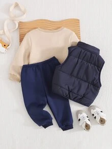Cozy Pixies Baby Boy 3pcs Set: Knitted Cartoon Pattern Crew Neck Sweatshirt, Woven Solid Color Vest, And Knitted Solid Color Long Pants - Multicolor - View 2