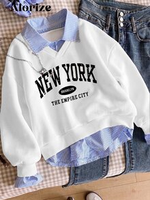 SHEIN Sparklyn Tween女孩大學休閒百搭通勤假兩件式領口襯衫領數位字母印花豹紋寬鬆運動衫 - 彩色 - 查看 1