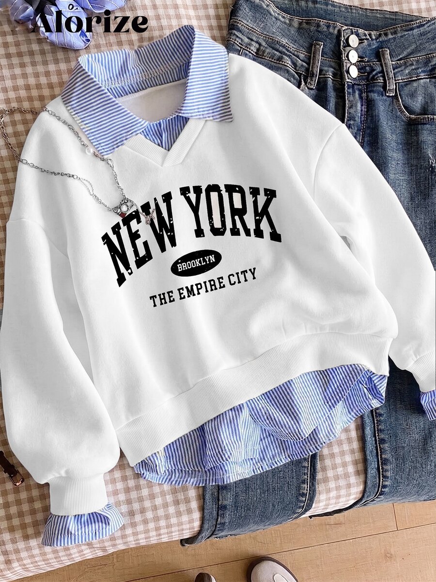 SHEIN Sparklyn Tween女孩大學休閒百搭通勤假兩件式領口襯衫領數位字母印花豹紋寬鬆運動衫 - 彩色 - 查看 1