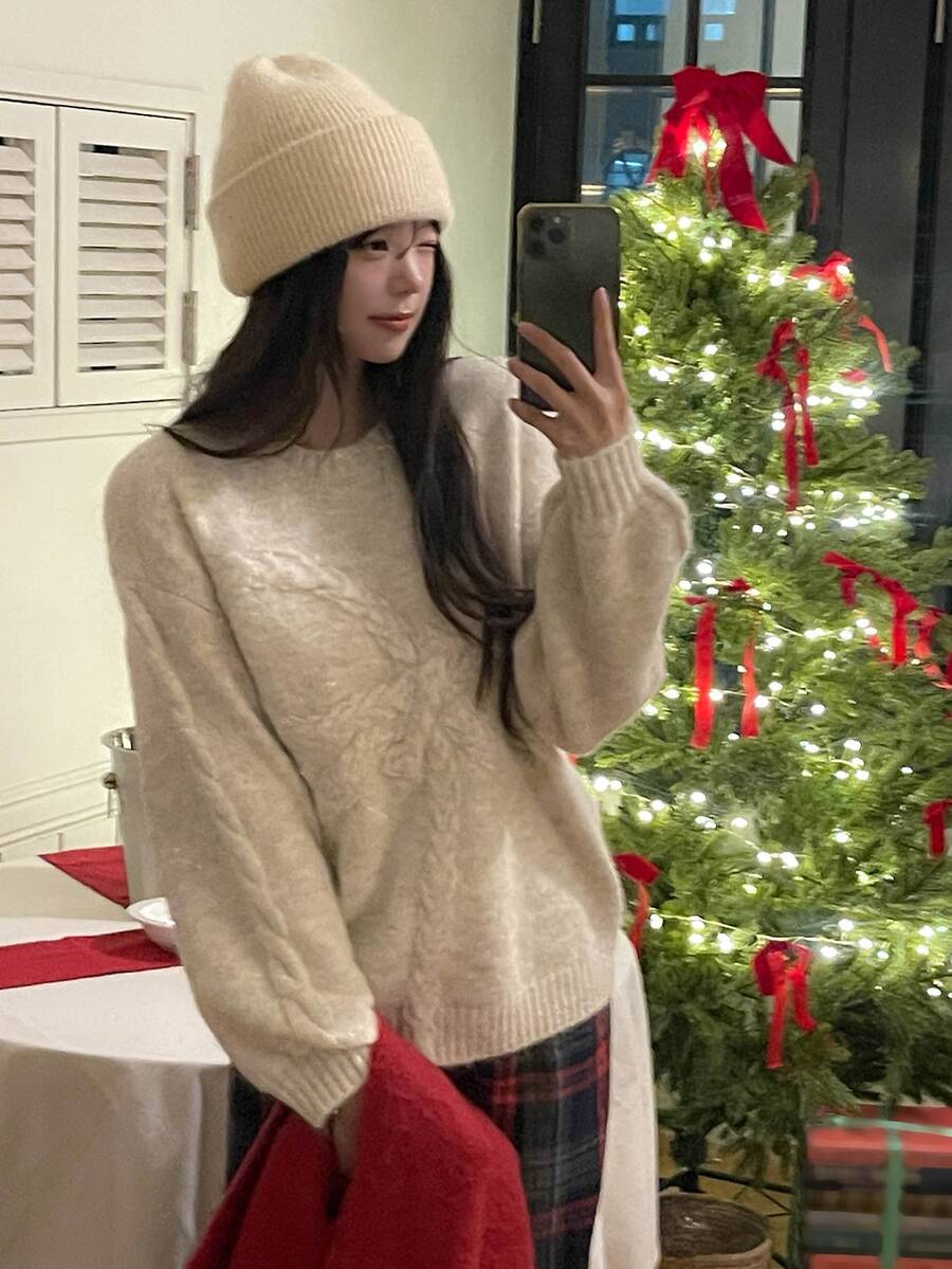 DAZY Women's Round Neck Bowknot Long Sleeve Sweater, Autumn/Winter - Apricot - View 1