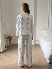 DAZY Women's Ditsy Floral Front Tie Long Sleeve Top And Long Pants Pajama Set - White - View 2