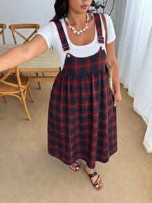 Enliva Plus Size Women's Plaid Pocket Casual Pinafore Dress - Burgundy - View 5
