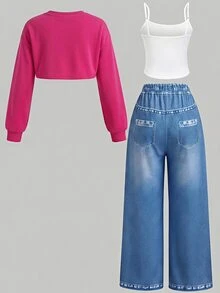 SHEIN 青少年女孩針織純色連帽短版上衣 + 吊帶背心 + 寬鬆休閒長褲 3件套 - 玫紅色 - 查看 3