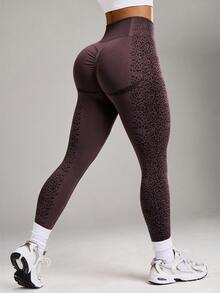 SHEIN BamGlam Coffee Brown Leopard Print Seamless Yoga, Running, Sports Leggings - Coffee Brown - View 8