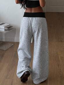 SHEIN Tween女孩配色拼接百褶休閒百搭日常穿著寬腿運動長褲 - 黑色 - 查看 4