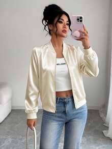 GlowEve CURVE Women's Apricot Satin Baseball Jacket, Solid Color Without Print, Ribbed Crew Neck, Long Sleeve Ribbed Cuffs, Ribbed Elastic Waistband, Light Luxury Casual Style, Minimalist Commuter Style, Suitable For Daily Commute, Casual Shopping, Short Trips, Can Be Worn As Inner Layer Or Outerwear - Apricot - View 4