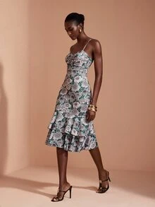 JIAN LASALA Knit Floral Print Adjustable Strap Double Ruffle Layers Ruched Midi Dress Elegant Vacation - Multicolor - View 4
