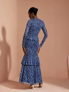 JIAN LASALA Gaun Panjang Elegan dengan Lengan Panjang Berbahan Jala dan Model Bustier Bentuk Hati, Detail Kerut dan Lapisan Ruffle Ganda - Biru - View 2