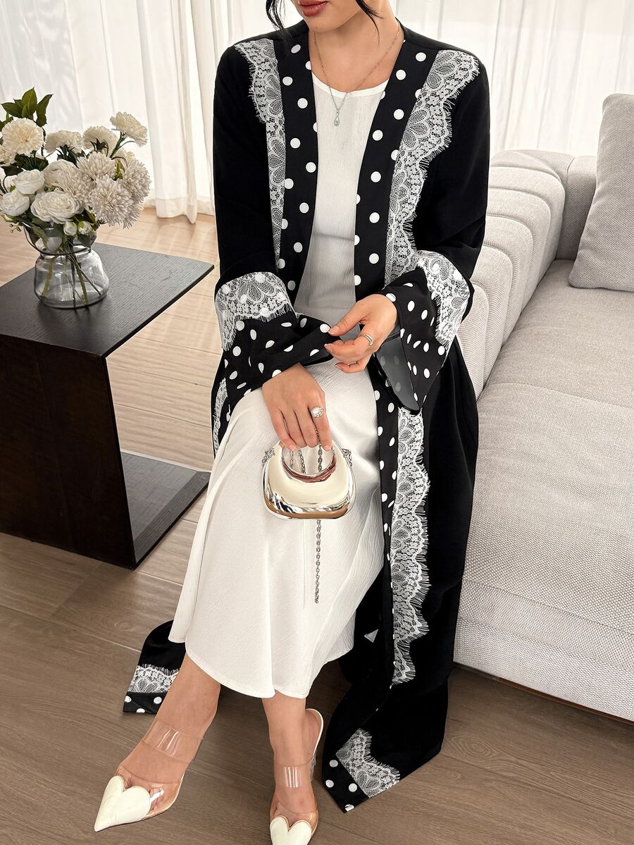Yasmyna Cardigan Wanita Sederhana Motif Polkadot dengan Hiasan Renda Gaya Arab - Hitam - View 1