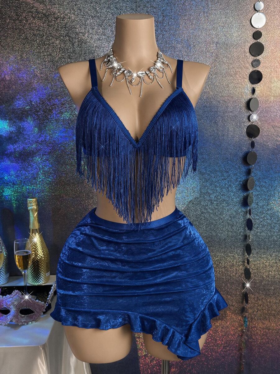 MidnightGlam Sexy High-End Stage Shiny Tassel Lingerie Set (Wireless Thong + Mini Skirt) 3-Piece Set - Royal Blue - View 1