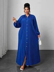 Maweii Plus Size Women's High-Quality Pleated Long Dress, Loose Fit Flattering All Body Types, Suitable For Commuting And Parties Fall - Royal Blue - View 2