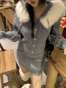 DAZY Women's Fur Collar Patchwork Sweater & Skirt Casual 2 Pieces Set - Grey - View 2