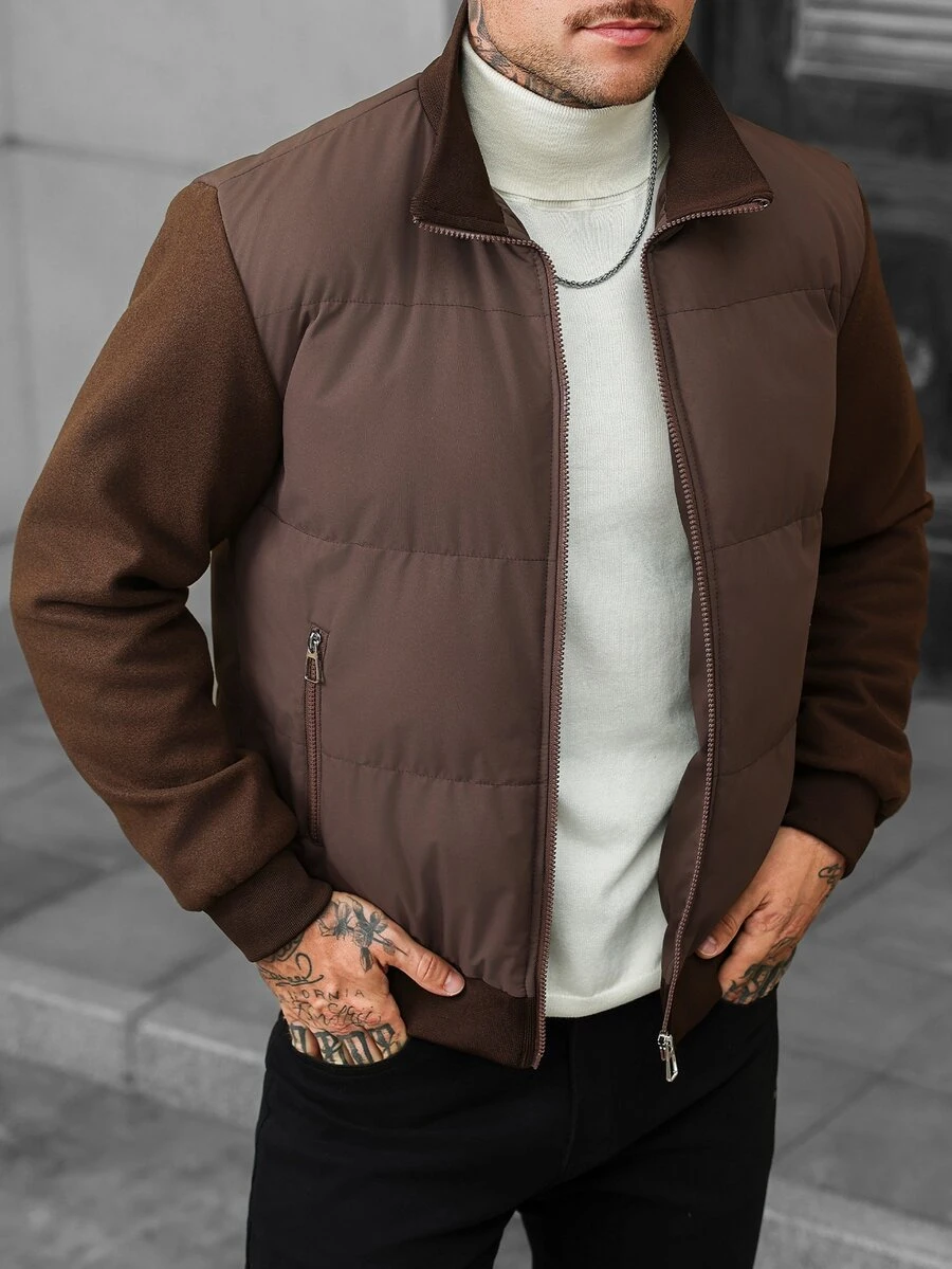 Manfinity Homme 男士羊毛拼接填充外套,絎縫袖棒球夾克,休閒立領全拉鍊羅紋袖口秋冬填充外套 - 咖啡棕 - 查看 1