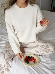 Livesso 2pcs/Set Women's Knit Solid Color Loose Long Sleeve Top & Floral Long Pajama Pants Homewear Set, Autumn/Winter - Apricot - View 9