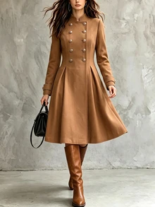 SHEIN 女款秋冬時尚優雅極簡通勤長款羊毛大衣 - 卡其色 - 查看 3