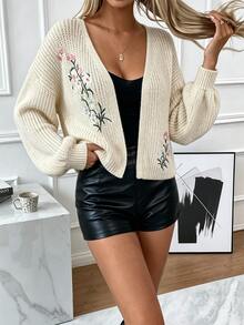 SHEIN Women's Cream Floral Embroidered Knit Cardigan, Casual Oversized Lantern Sleeve V-Neck Sweater Coat For Spring Fall - Beige - View 5