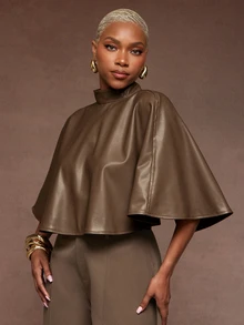 Vixey Women's PU Material Cape Top, Chic Office, Elegant Party Top - Rust Brown - View 4