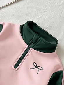 SHEIN 2件組幼女運動衫＋運動長褲，可愛米褐色蝴蝶結刺繡條紋飾邊半拉鍊套裝 - 彩色 - 查看 5