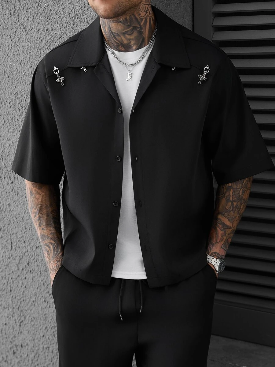 SLATEMANN Men's Solid Color Short Sleeve Single-Breasted Casual Versatile Shirt - Black - View 1