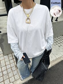 Muchica 大尺碼街頭風休閒寬鬆韓版條紋拼接袖圓領T恤 正式度假夜店風 藍白配色 秋冬款 - 白色 - 查看 5