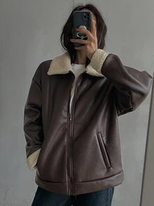 DAZY Women's Colorblock PU Leather Fashion Versatile Long Sleeve Leather Jacket - Brown - View 8