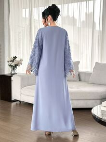 Yasmyna V-Neck Pearl Button Floral Water-Soluble Lace Bell Sleeve Elegant Loose Long Blue Arabian Dress - Blue - View 3
