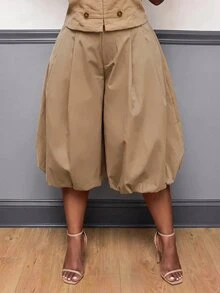 Slaydiva Casual Street Style Khaki Pleated Bubble Mid-Length Tulip Pants Plus Size 7/10 Length - Brown - View 11
