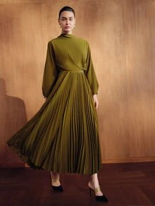 MOTF PREMIUM WOMEN'S SOLID COLOR STAND COLLAR LONG SLEEVE PLEATED HEM ELEGANT DRESS - Army Green - View 5