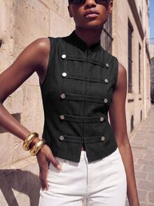 Maija Women's Double-Breasted Fashion Denim Vest For Vacation Going Out Tops For Women - Black - View 7