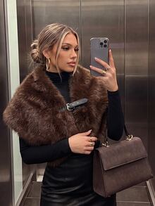 SHEIN Winter Faux Fox Fur Shawl Style Coat - Coffee Brown - View 6