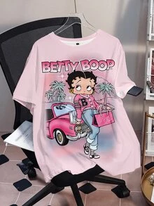 Betty Boop x SHEIN 大尺碼卡通印花圓領短袖時尚T恤秋季上衣 - 白色 - 查看 3