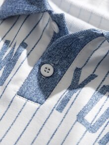 SHEIN 小男孩 Polo 領直條紋字母印花長袖套頭運動衫，棒球風學院風白色藍色上衣，適合春夏秋季 - 藍色 - 查看 4